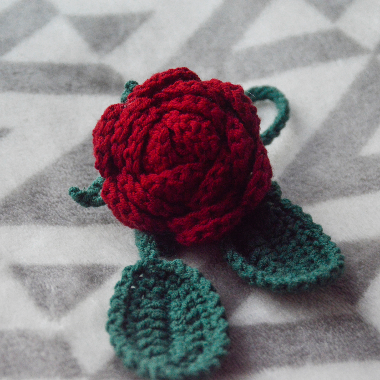 Handmade Crochet Red Rose with Two Green Leaves - Elegant Home Decor or Thoughtful Gift