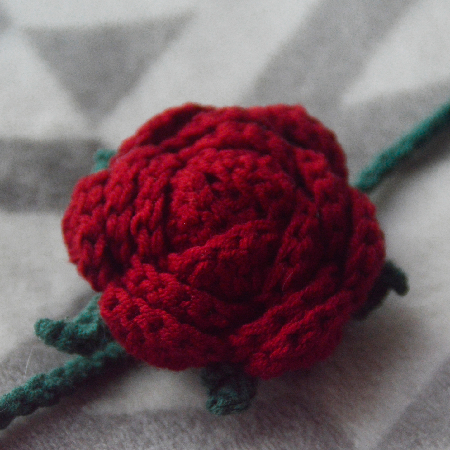 Handmade Crochet Red Rose with Two Green Leaves - Elegant Home Decor or Thoughtful Gift