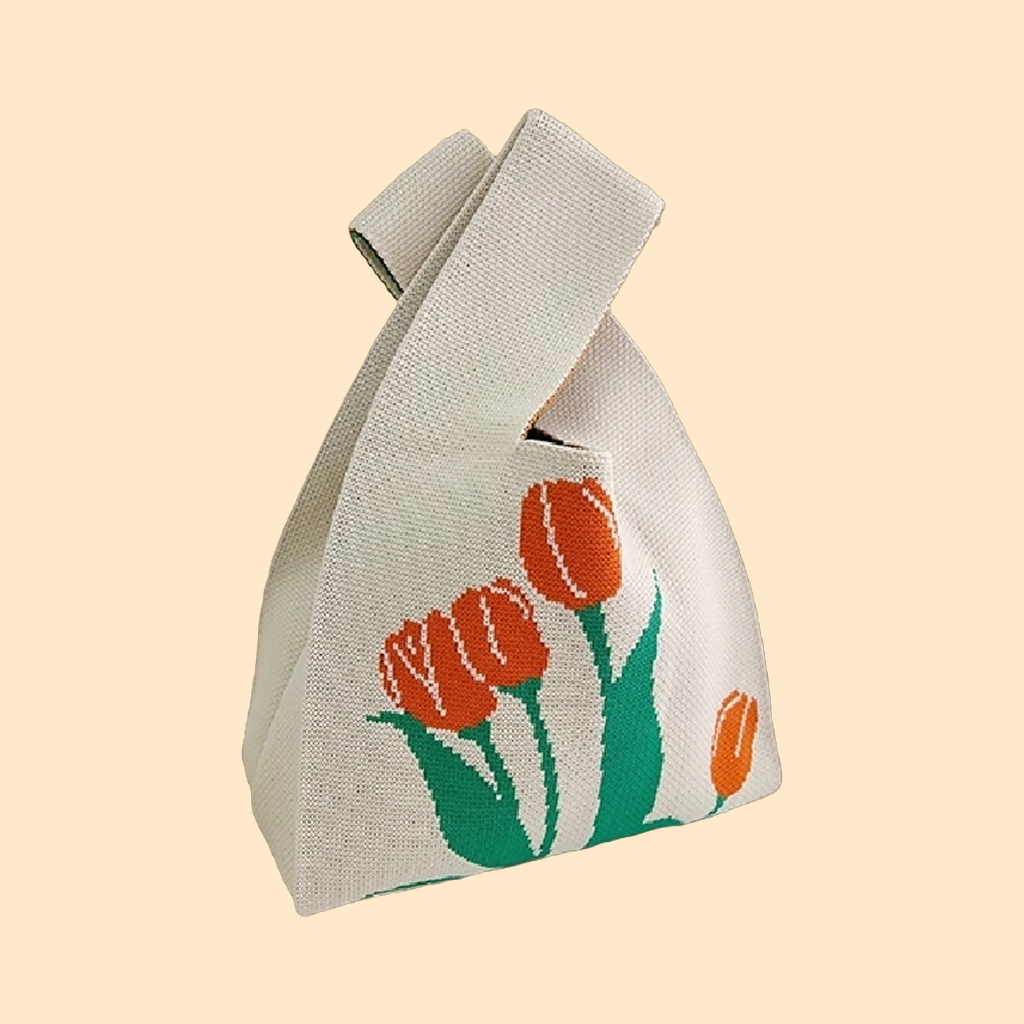 Handcrafted Floral Knit Handbag with Patterns - Unique Loop Handle