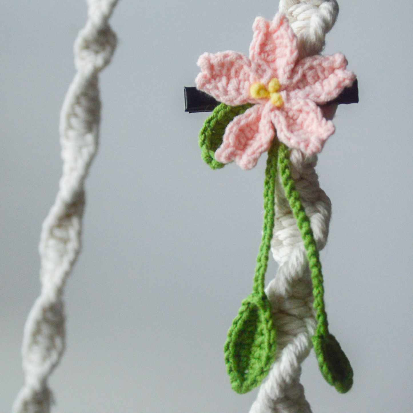 Handmade Crochet Sakura Leaf Hairpin with Pink Flowers