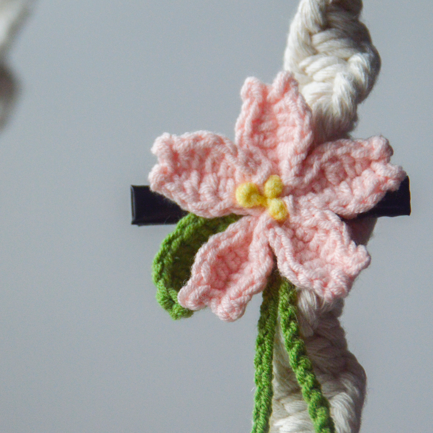 Handmade Crochet Sakura Leaf Hairpin with Pink Flowers