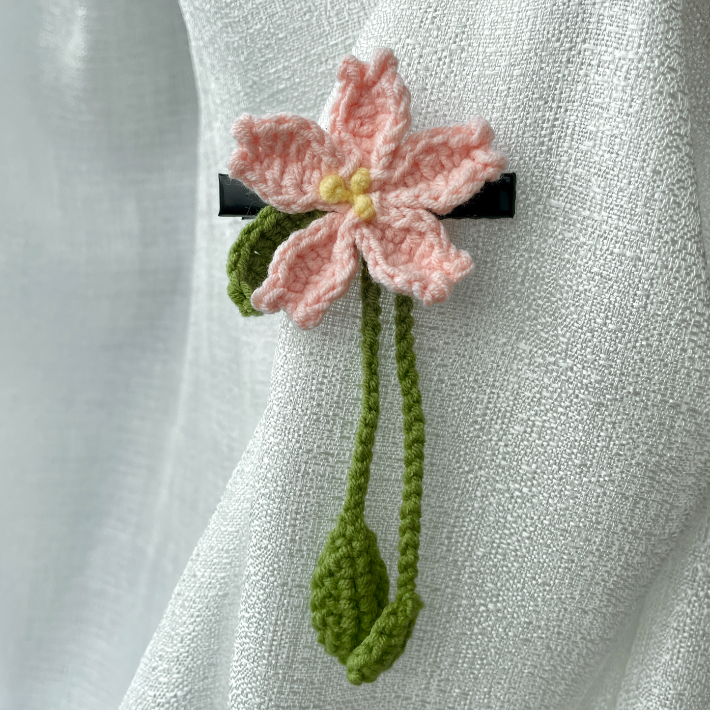 Handmade Crochet Sakura Leaf Hairpin with Pink Flowers