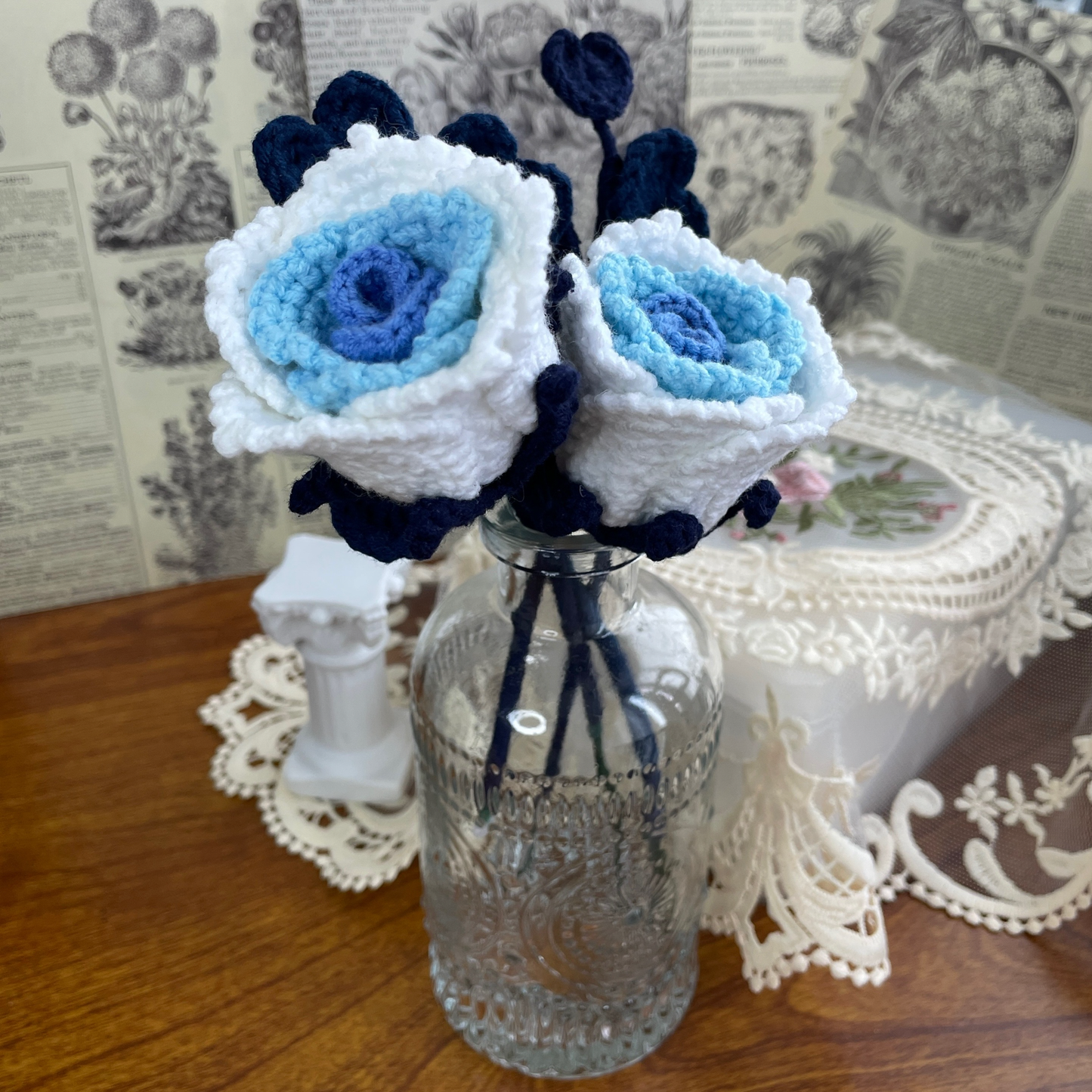 Exquisite Handcrafted Crocheted Blue Rose with Detailed Rhizome for Elegant Home Decor and Unique Gifting