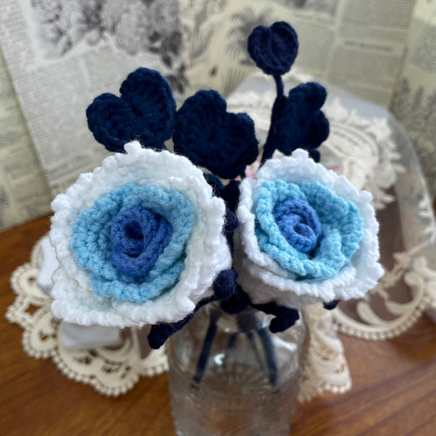 Exquisite Handcrafted Crocheted Blue Rose with Detailed Rhizome for Elegant Home Decor and Unique Gifting