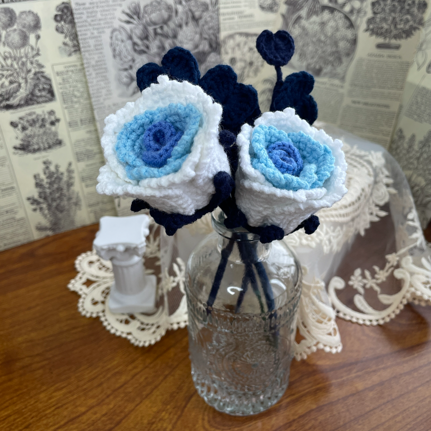 Exquisite Handcrafted Crocheted Blue Rose with Detailed Rhizome for Elegant Home Decor and Unique Gifting