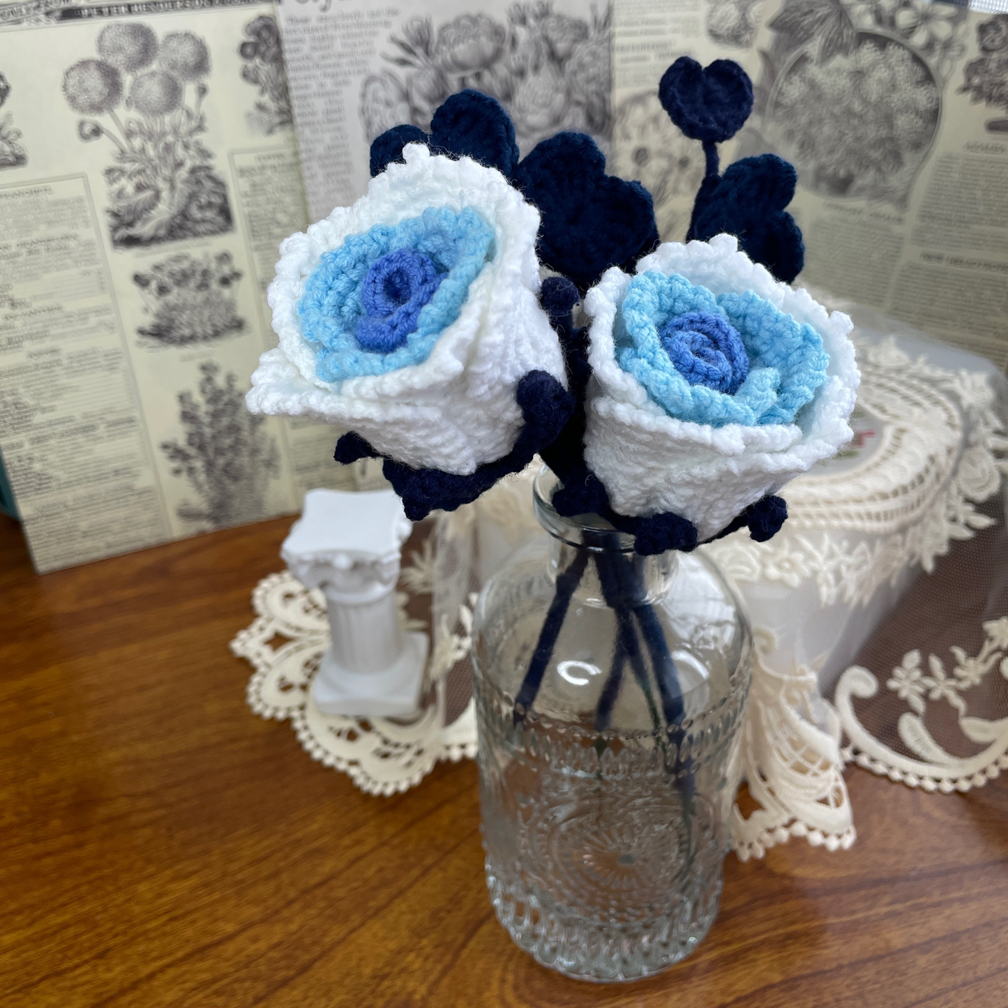 Exquisite Handcrafted Crocheted Blue Rose with Detailed Rhizome for Elegant Home Decor and Unique Gifting