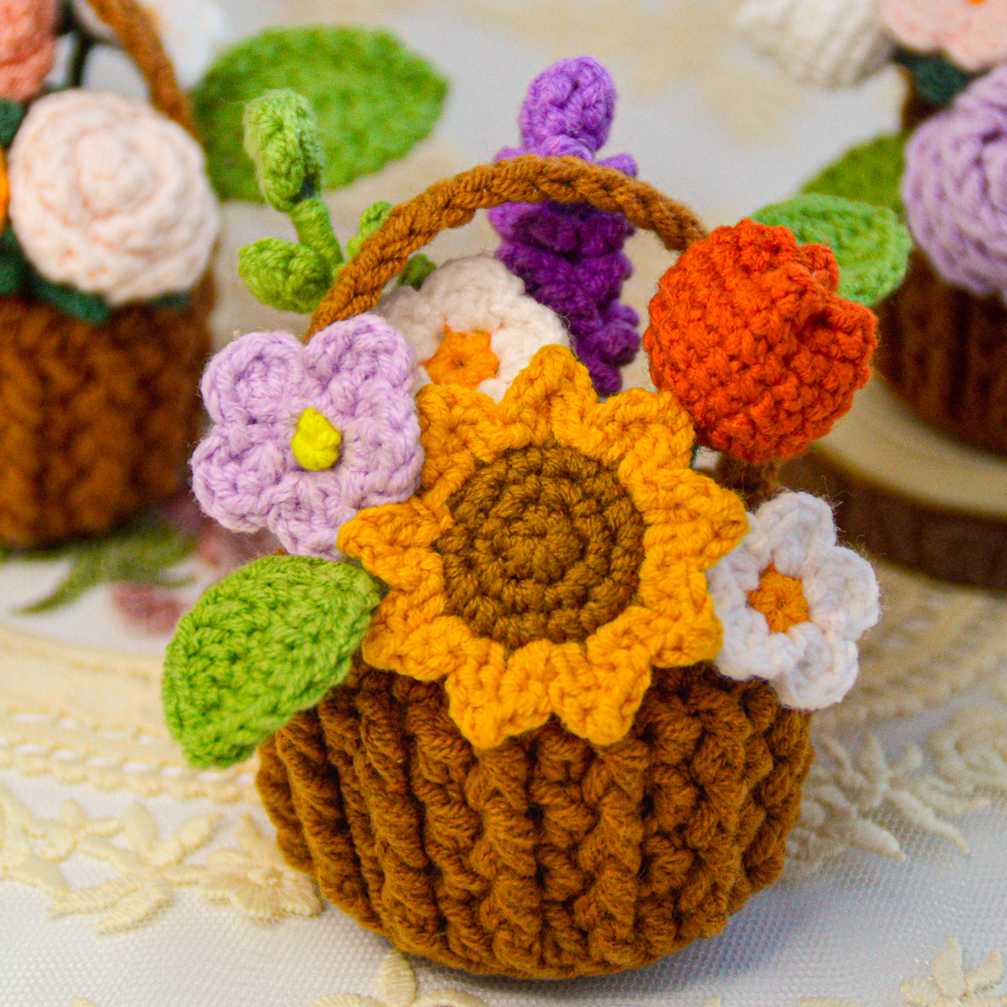 Crochet home decor Basket of Flowers - Crochet flower basket Sunflower & Rose