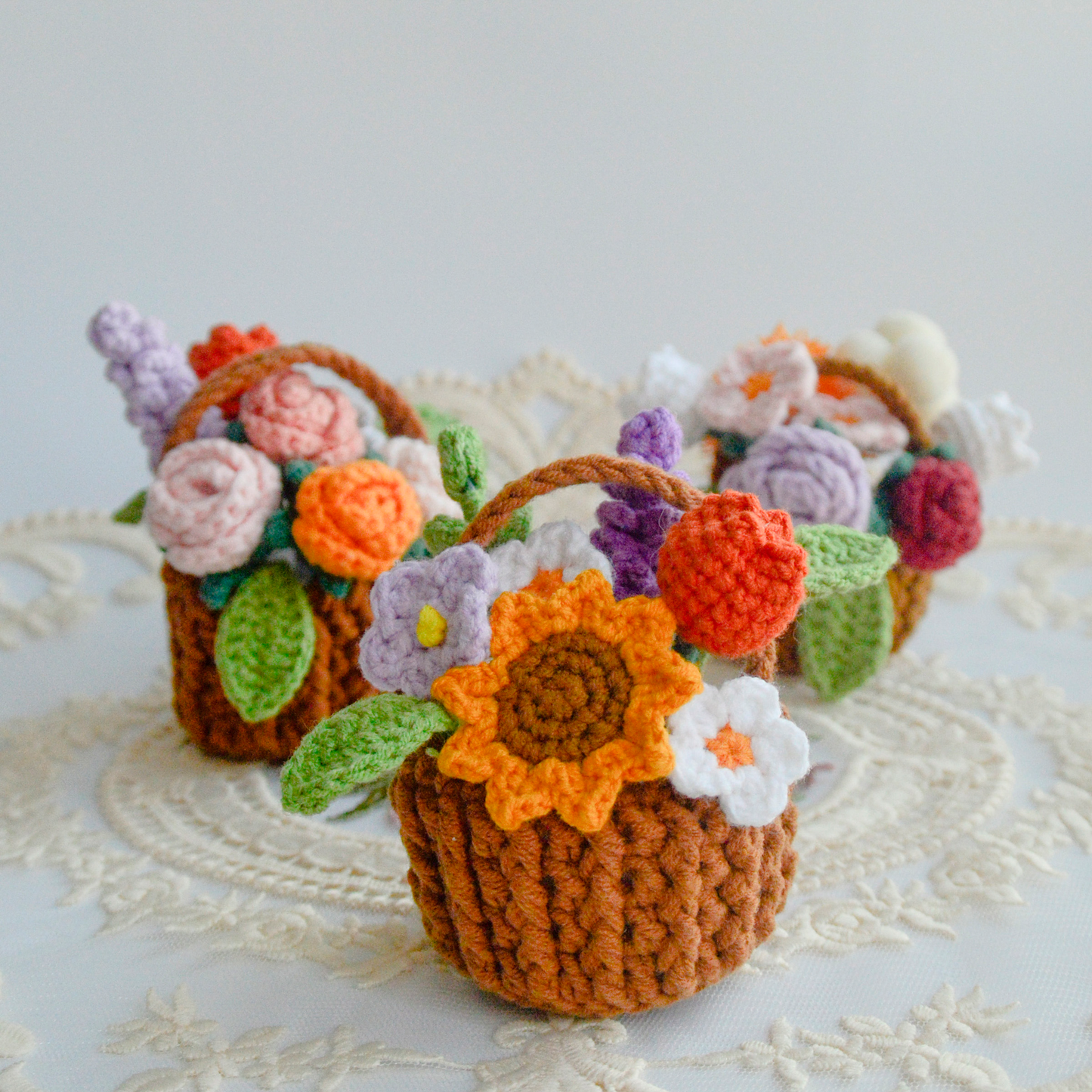 Crochet home decor Basket of Flowers - Crochet flower basket Sunflower & Rose