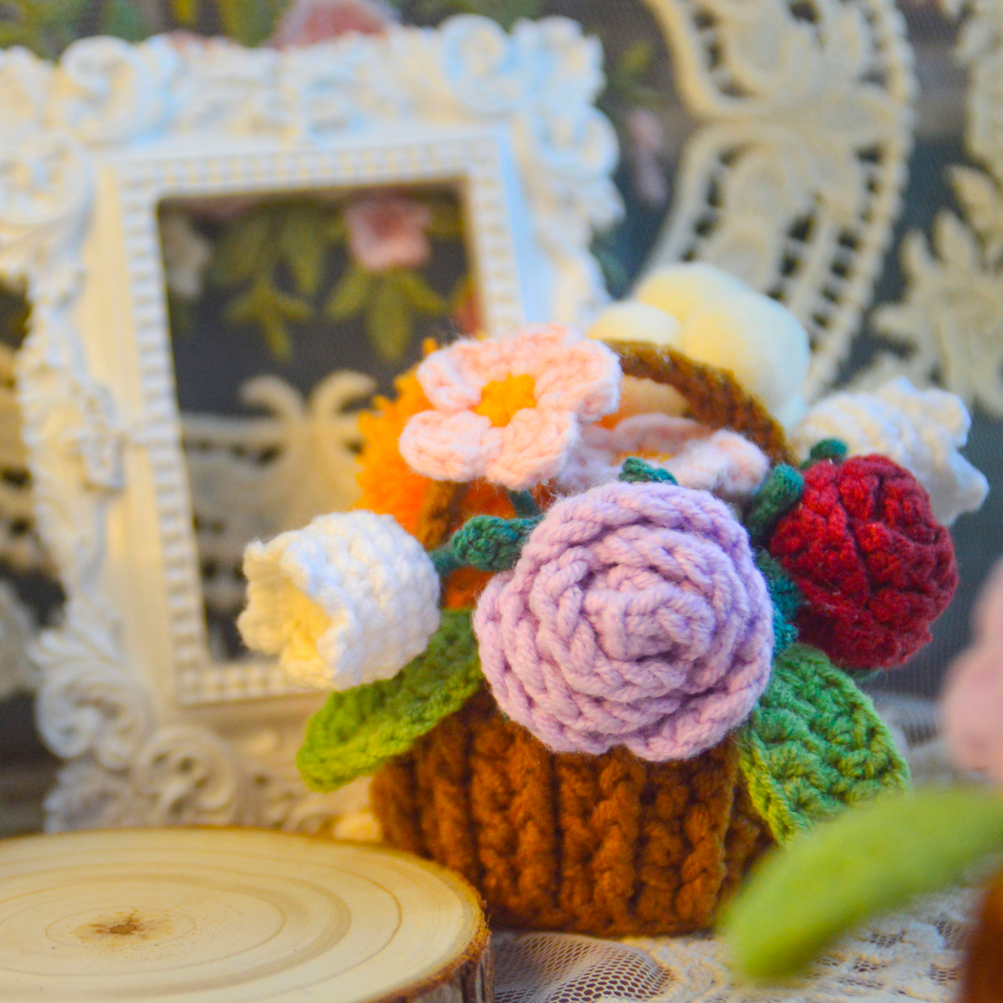 Crochet home decor Basket of Flowers - Crochet flower basket Sunflower & Rose