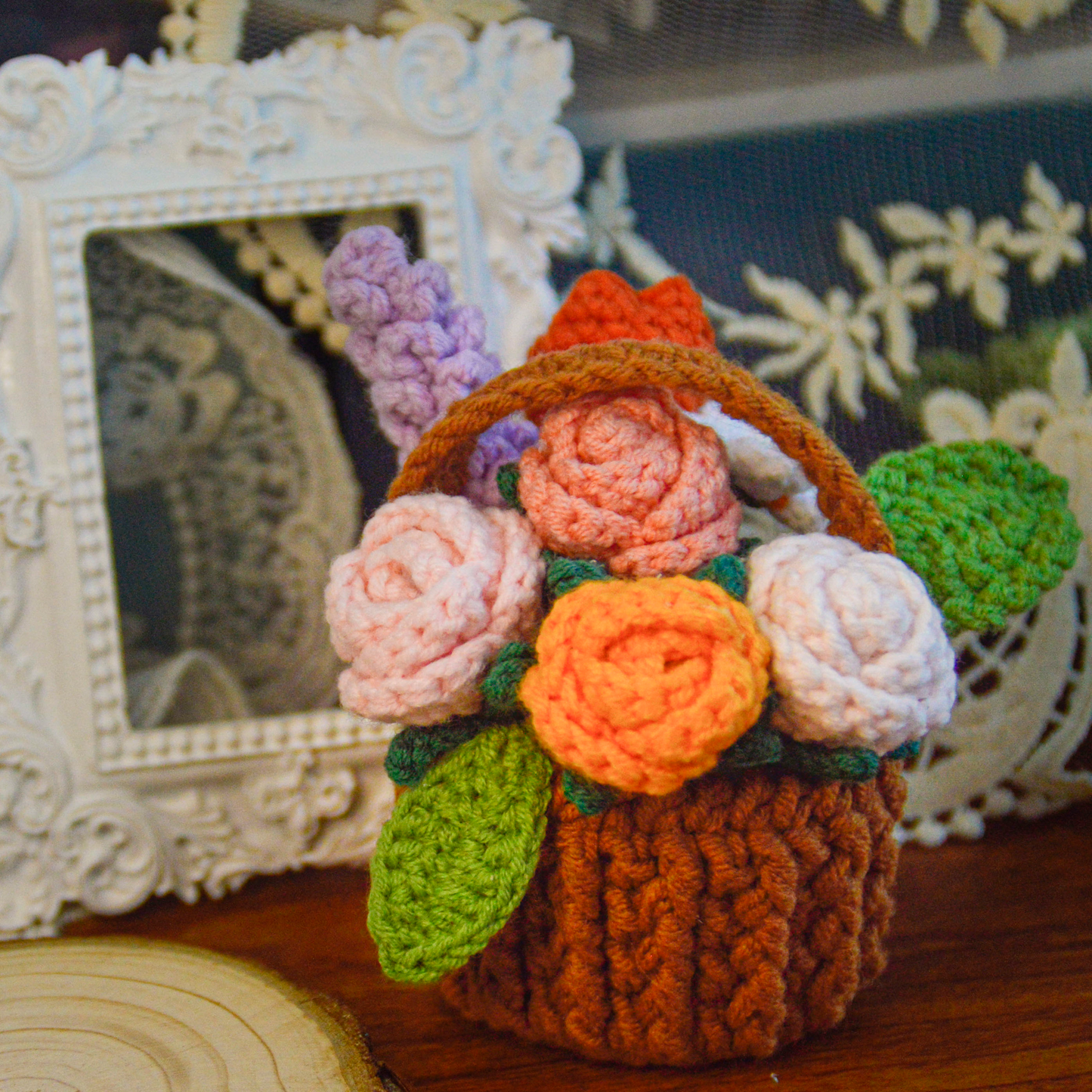 Crochet home decor Basket of Flowers - Crochet flower basket Sunflower & Rose