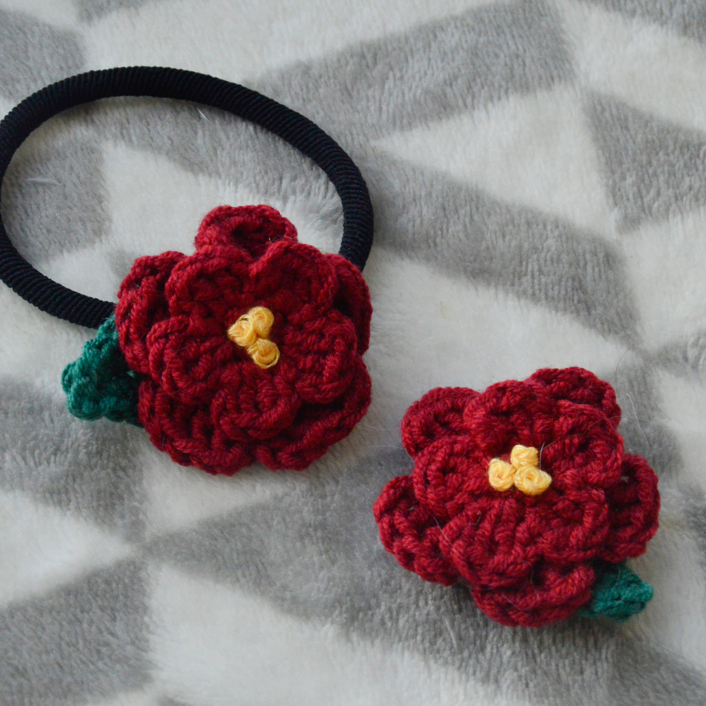 Crochet Rose Hair Band, Hairpin, and Brooch