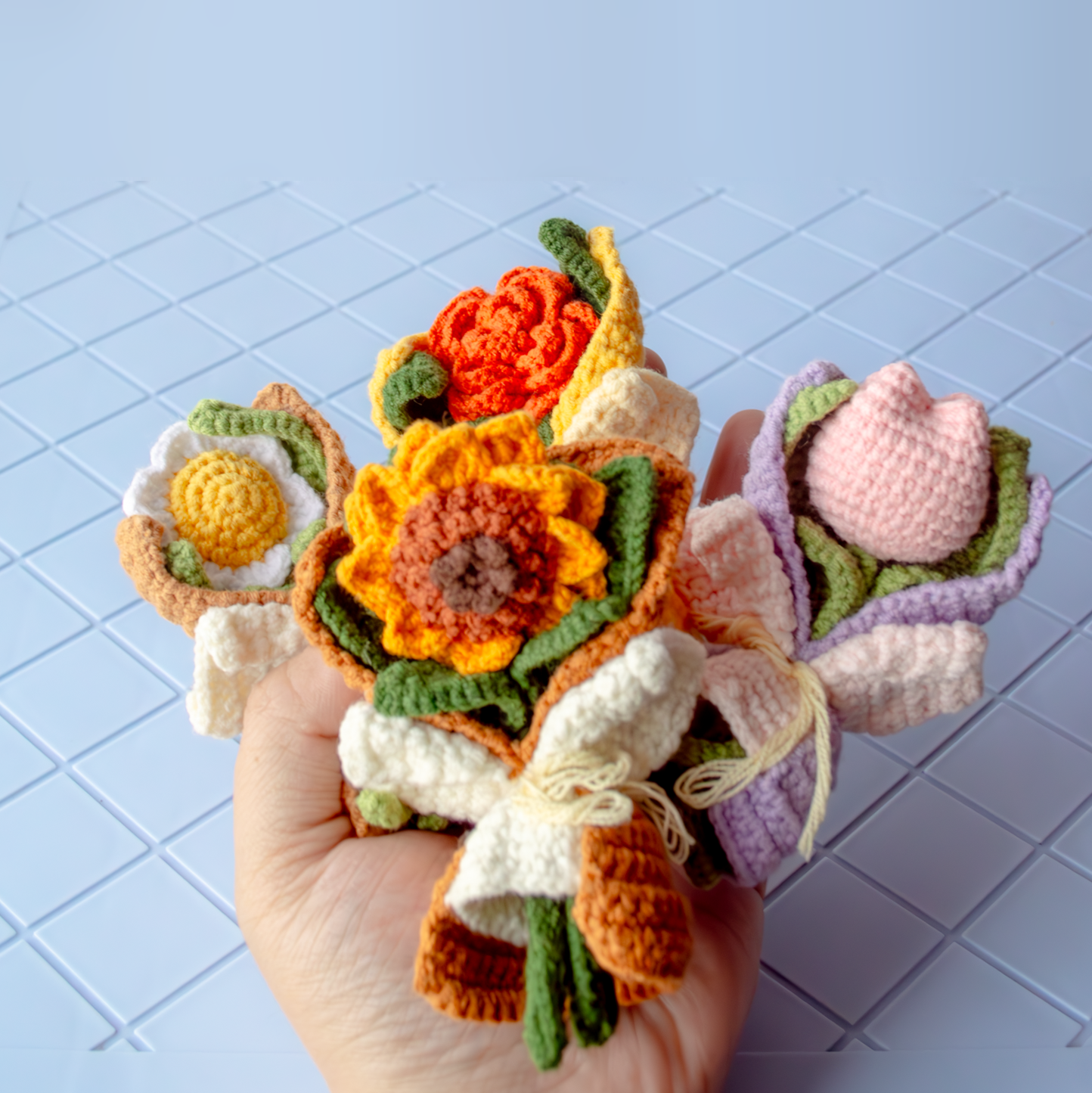 Crochet Pattern: Sunflower Bouquet Fridge Magnet + 4-in-1 Floral Tutorial & Material Package