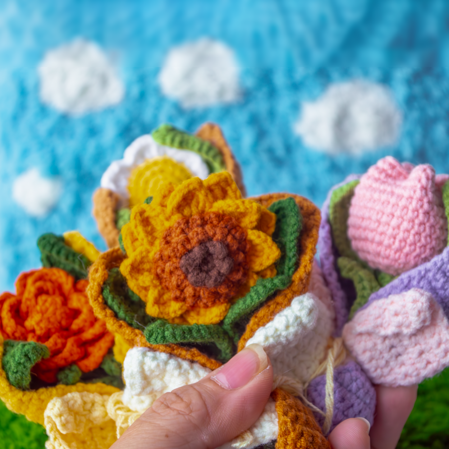 Crochet Pattern: Sunflower Bouquet Fridge Magnet + 4-in-1 Floral Tutorial