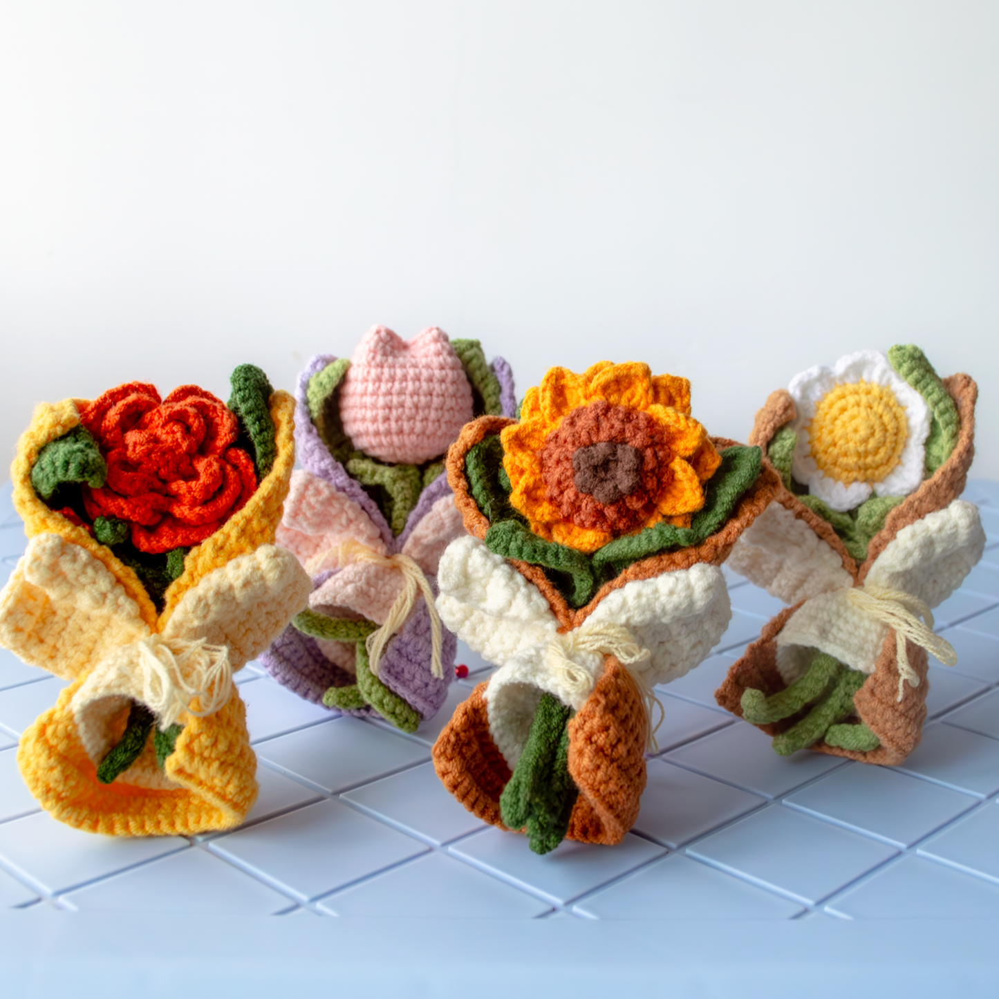 Crochet Pattern: Sunflower Bouquet Fridge Magnet + 4-in-1 Floral Tutorial & Material Package