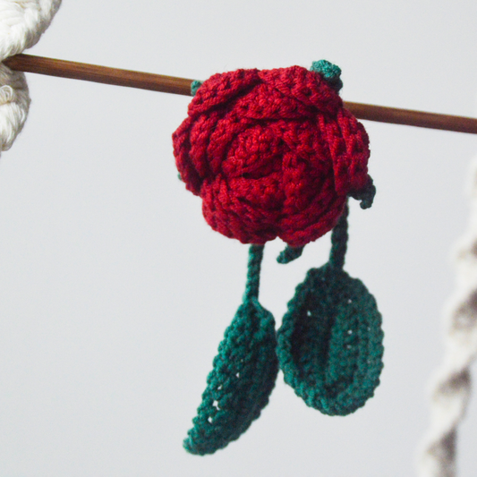 Handmade Crochet Red Rose with Two Green Leaves - Elegant Home Decor or Thoughtful Gift